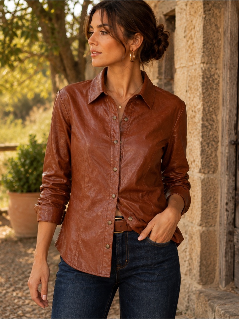 Vintage Genuine Leather Snap Front Shirt Blouse Cognac Brown 13/14 Western Chic